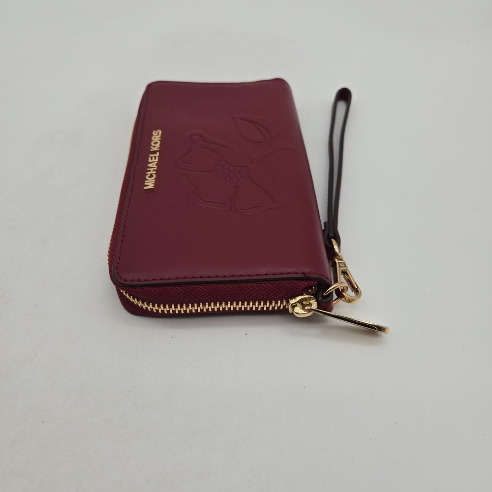 Michael Kors Wallet Card Holder Red Leather Embossed Flower Gold Hardware - Picture 6 of 12